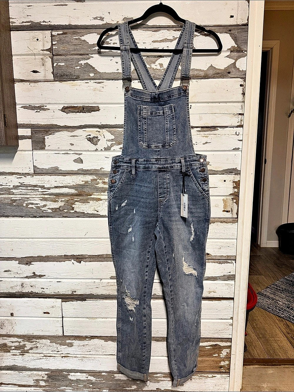 Judy Blue Overall Fit Boyfriend Overalls Distressed Denim Overalls in Blue (65